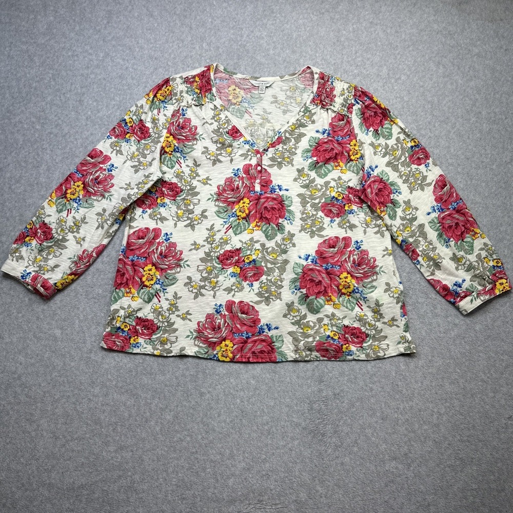 Lucky Brand Top Large Red Floral Henley Smocked Everyday Casual Boho Style